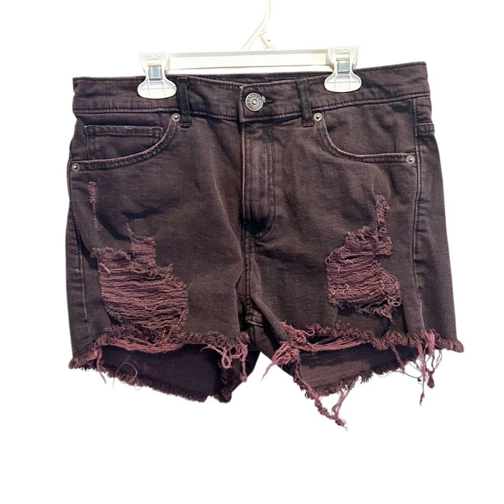 Express Shortie High Rise Plum Purple Size 6 Denim Jean Shorts Frayed